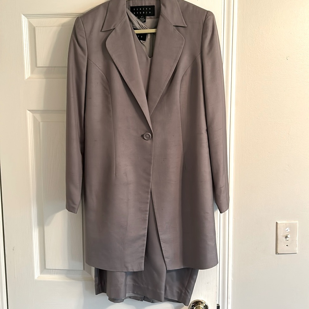 Sleeveless silk gray/silver dress with matching long blazer.